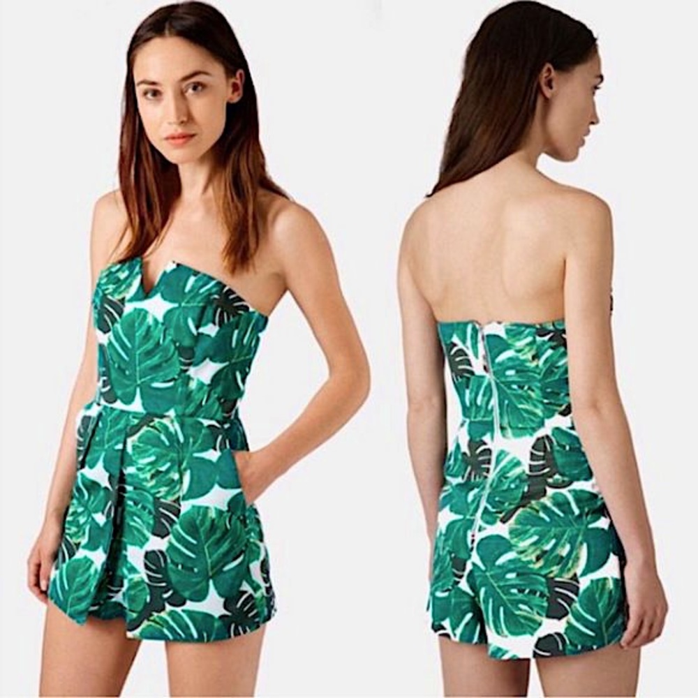Topshop Palm Print Tropical Bandeau Strapless Skort Playsuit Romper